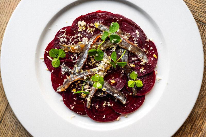 Smoked anchovies and beets with horseradish